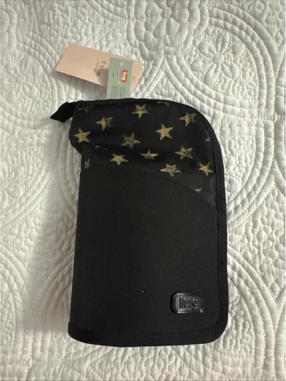 Lug Canoe Makeup Brush holder cosmetic Bag travel zip Black W/Stars NWT!